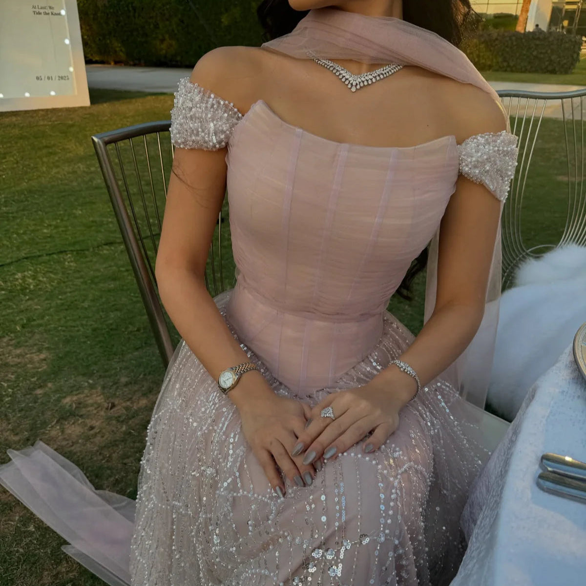 Robe de soirée en perles et tulle délicat