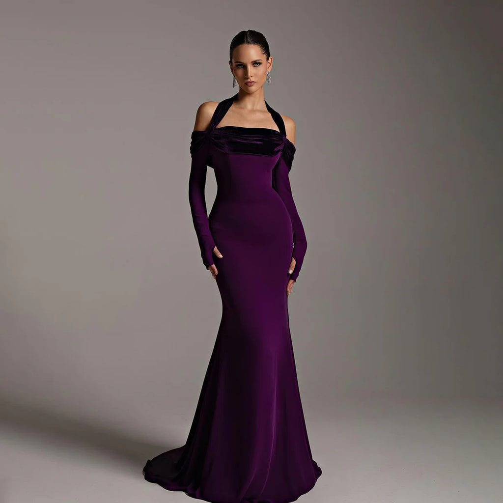 Robe violette longue col velours