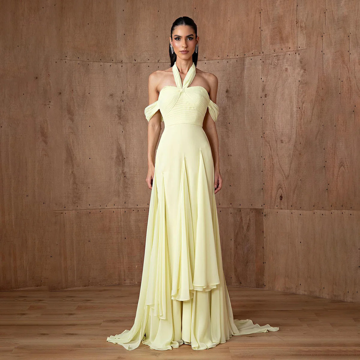 Robe jaune mousseline plissée