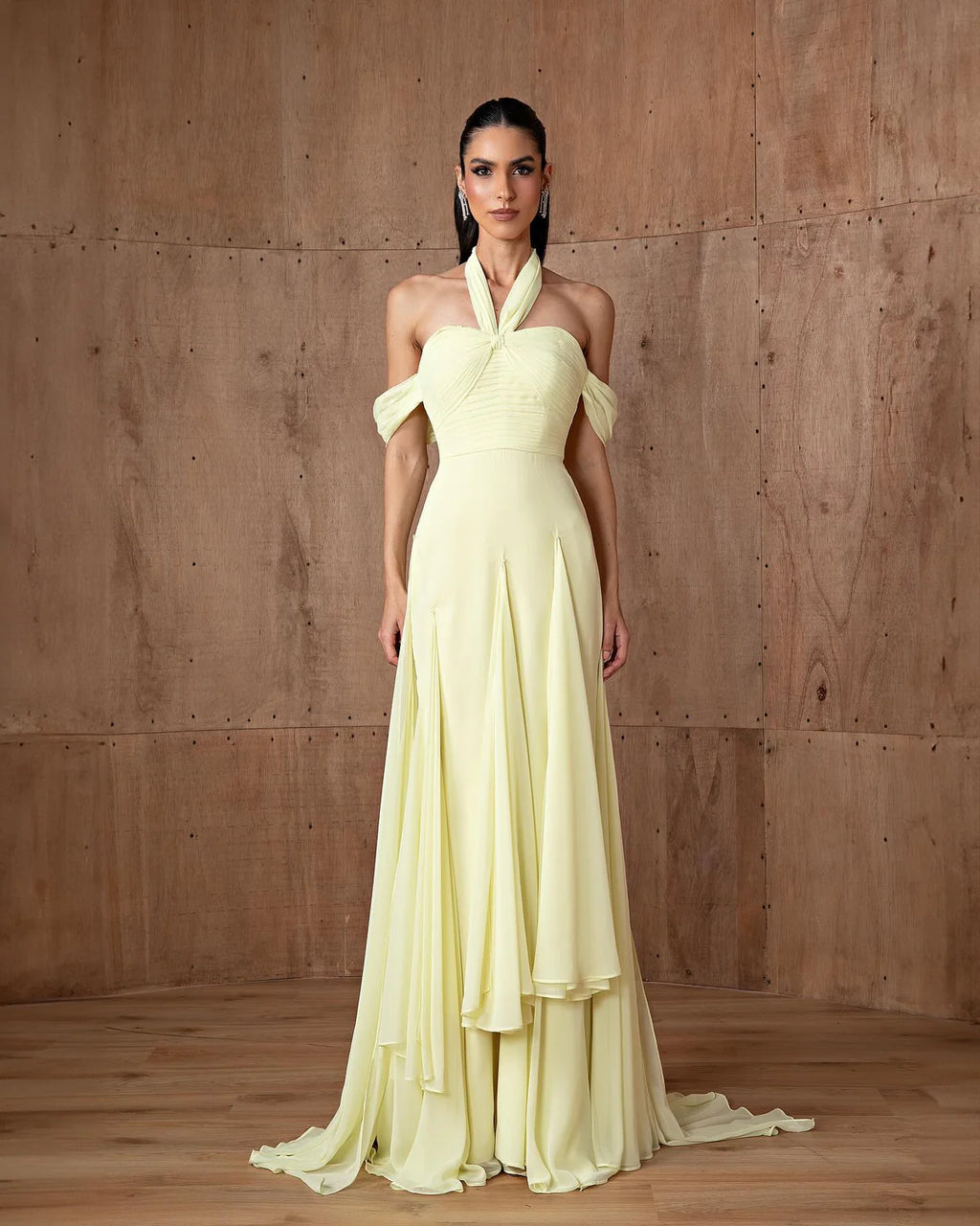 Robe jaune mousseline plissée