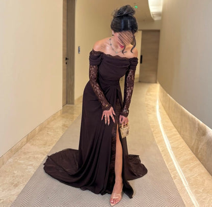 Robe de soirée en mousseline de soie manches en dentelle