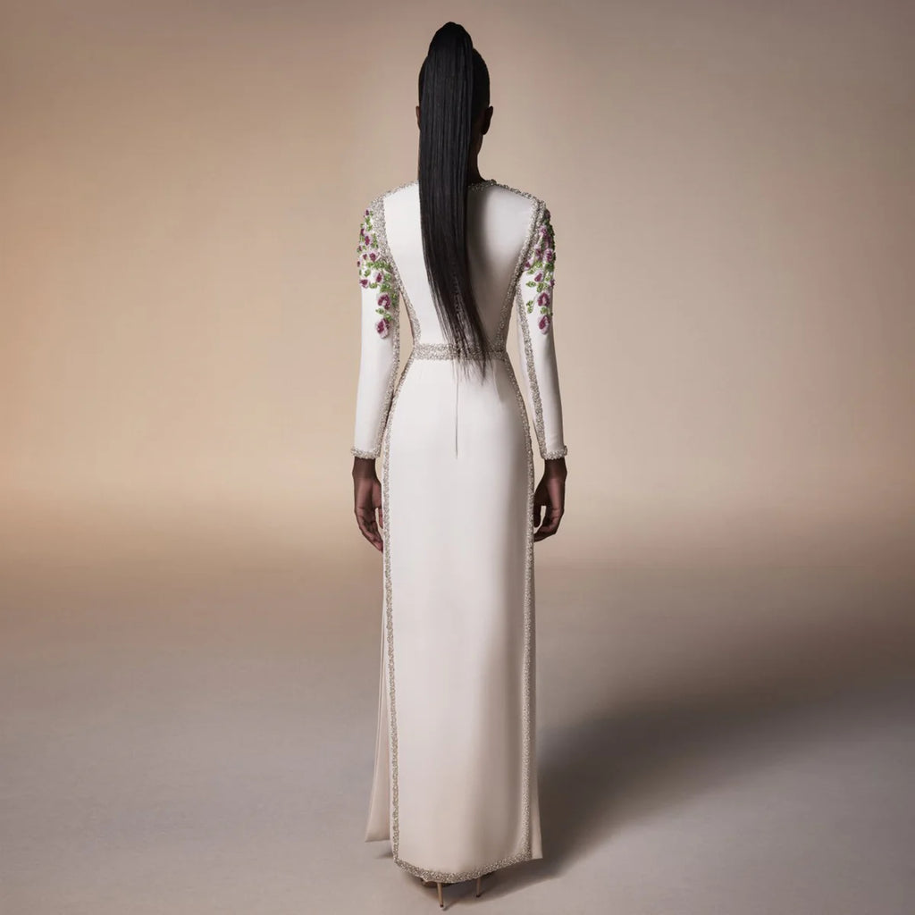 Robe Longue à Manches Longues avec Broderies Florales