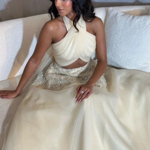 Ensemble bustier croisé et jupe brodée
