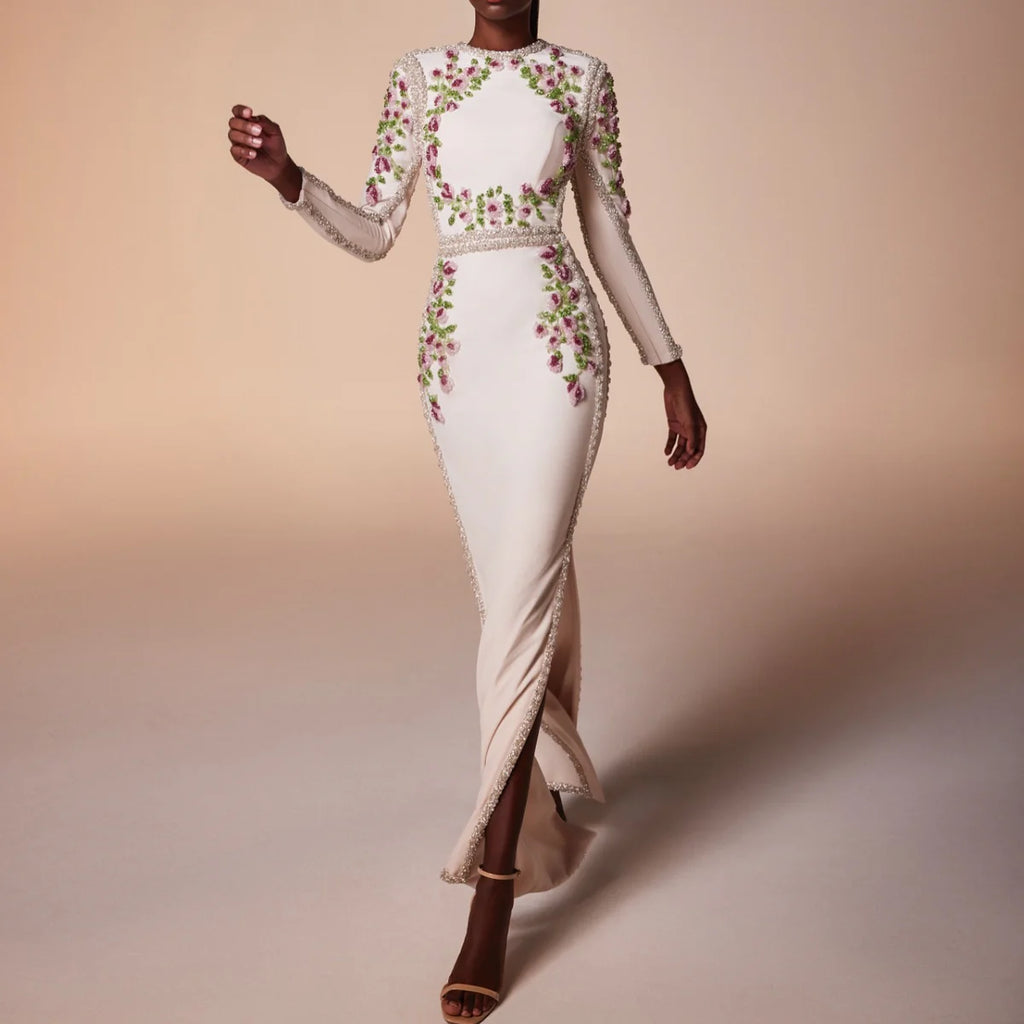 Robe Longue à Manches Longues avec Broderies Florales