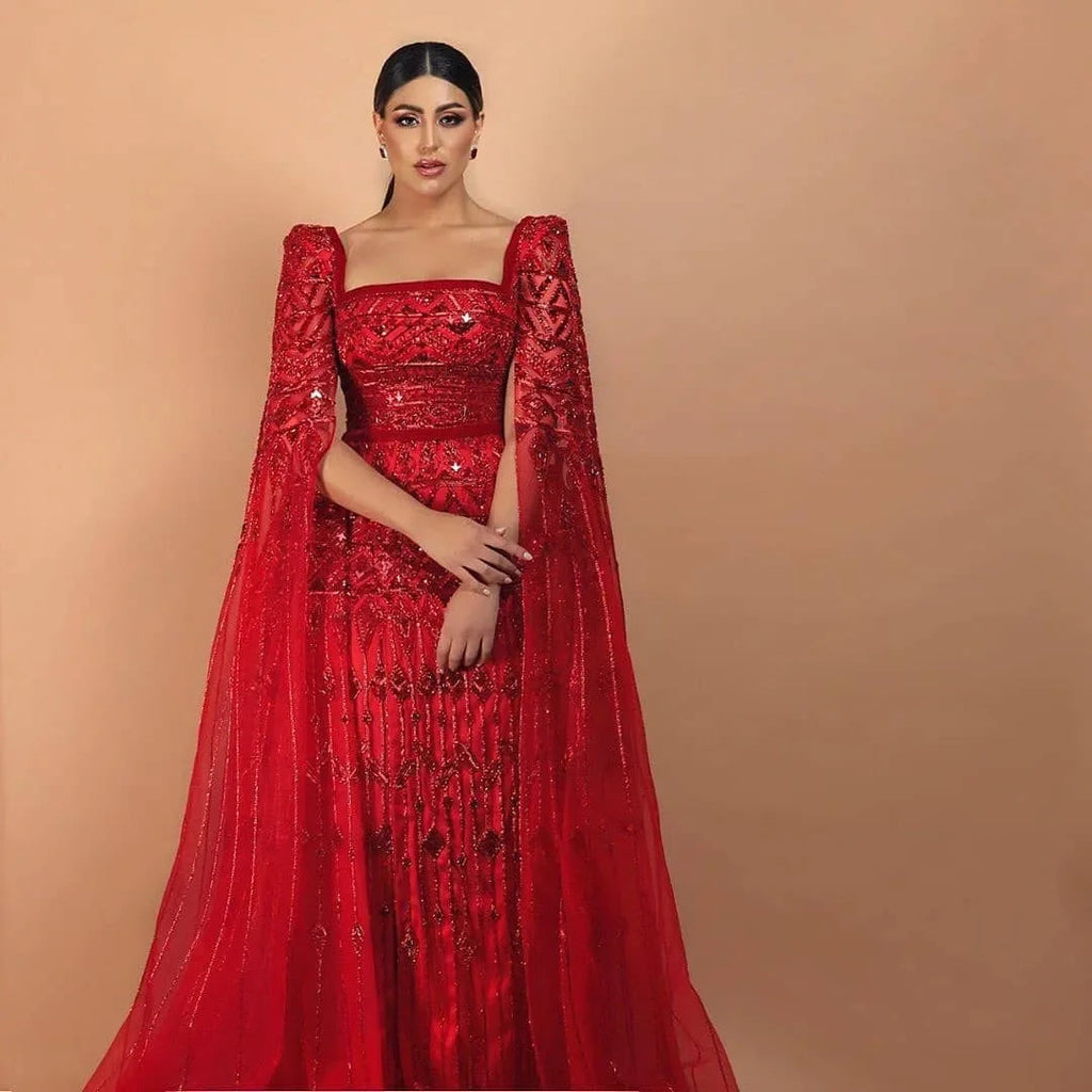 Robe Rouge Écarlate avec Manches Brodées