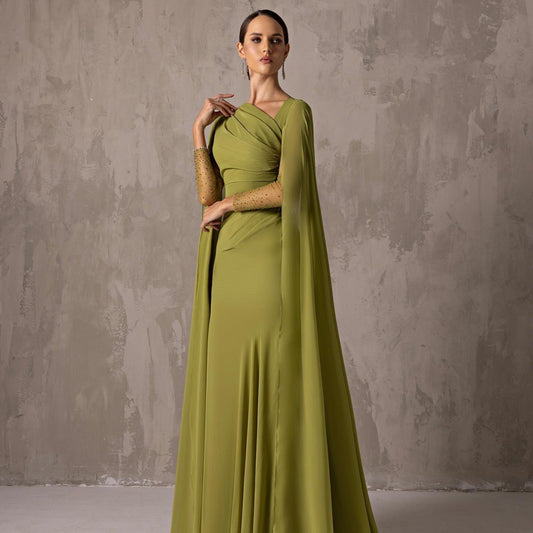 Robe Longue Drapée Vert Olive avec Manches Longues en Tulle