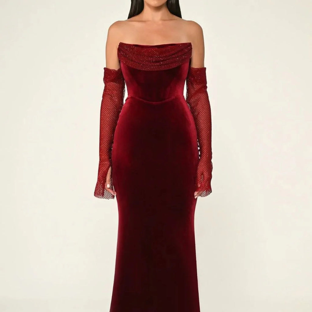 Robe en Velours Décolleté Off-Shoulder