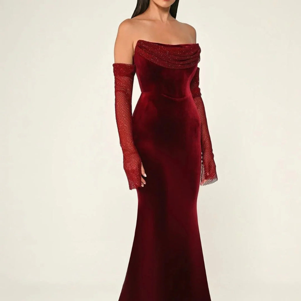 Robe en Velours Décolleté Off-Shoulder