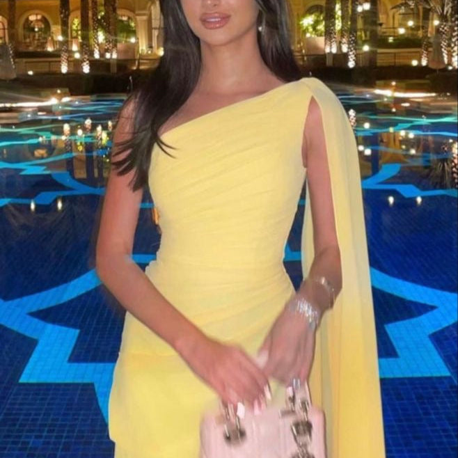 Robe Jaune Drapée à Épaules Détachées