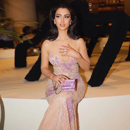 Robe Longue en Tulle Pailleté avec Dos Nu Croisé