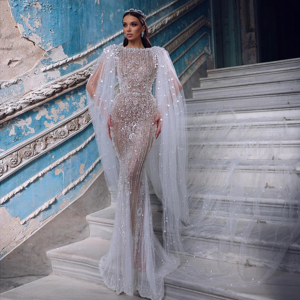 Robe en Tulle Blanc avec Perles et Broderies