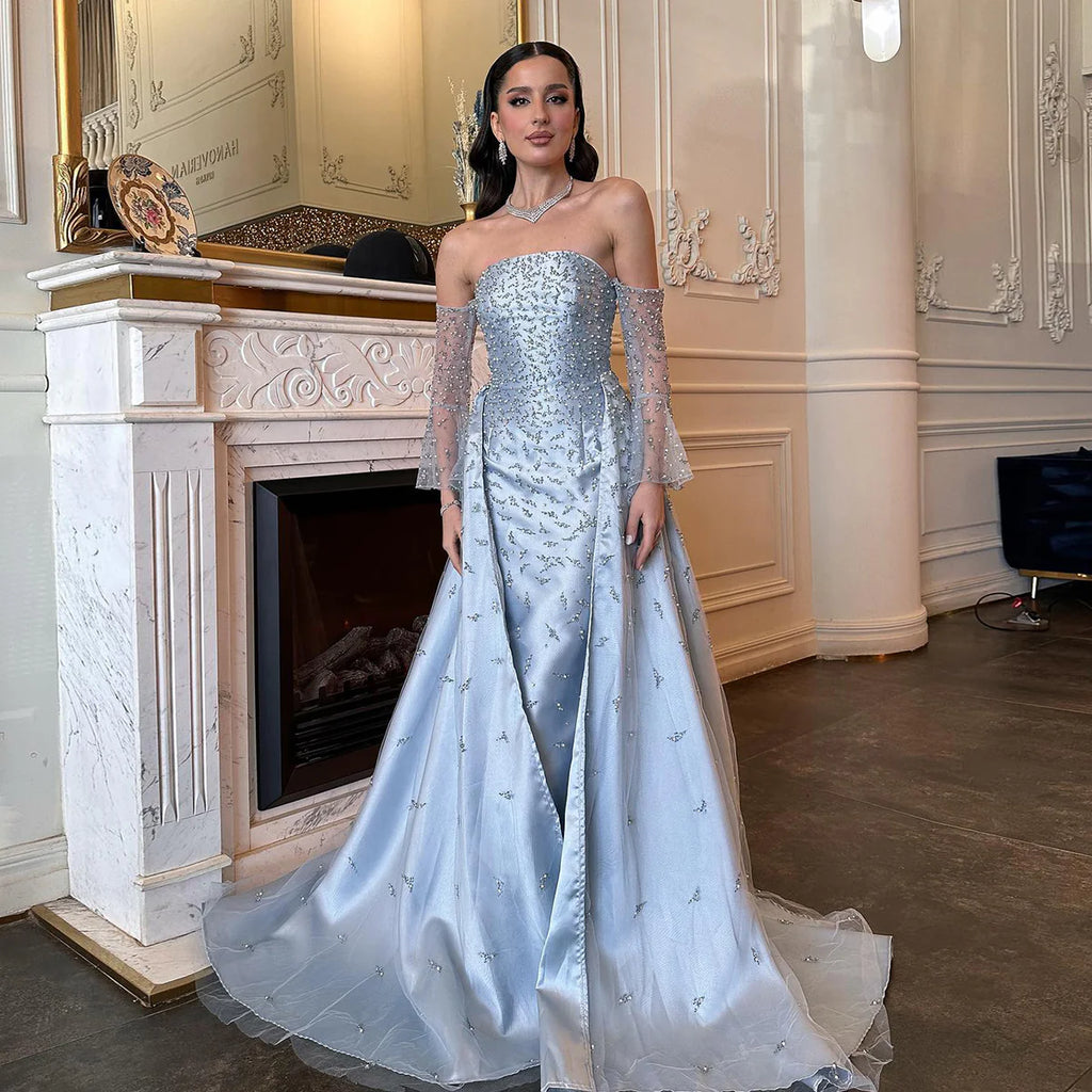Robe de Soirée Bleue à Manches Longues Transparentes et Perles Scintillantes