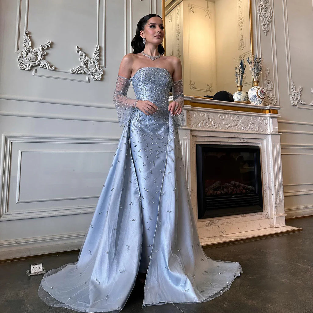 Robe de Soirée Bleue à Manches Longues Transparentes et Perles Scintillantes