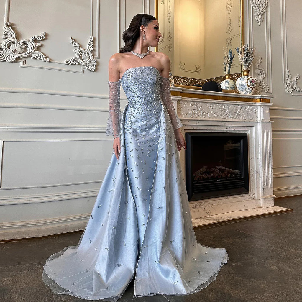 Robe de Soirée Bleue à Manches Longues Transparentes et Perles Scintillantes