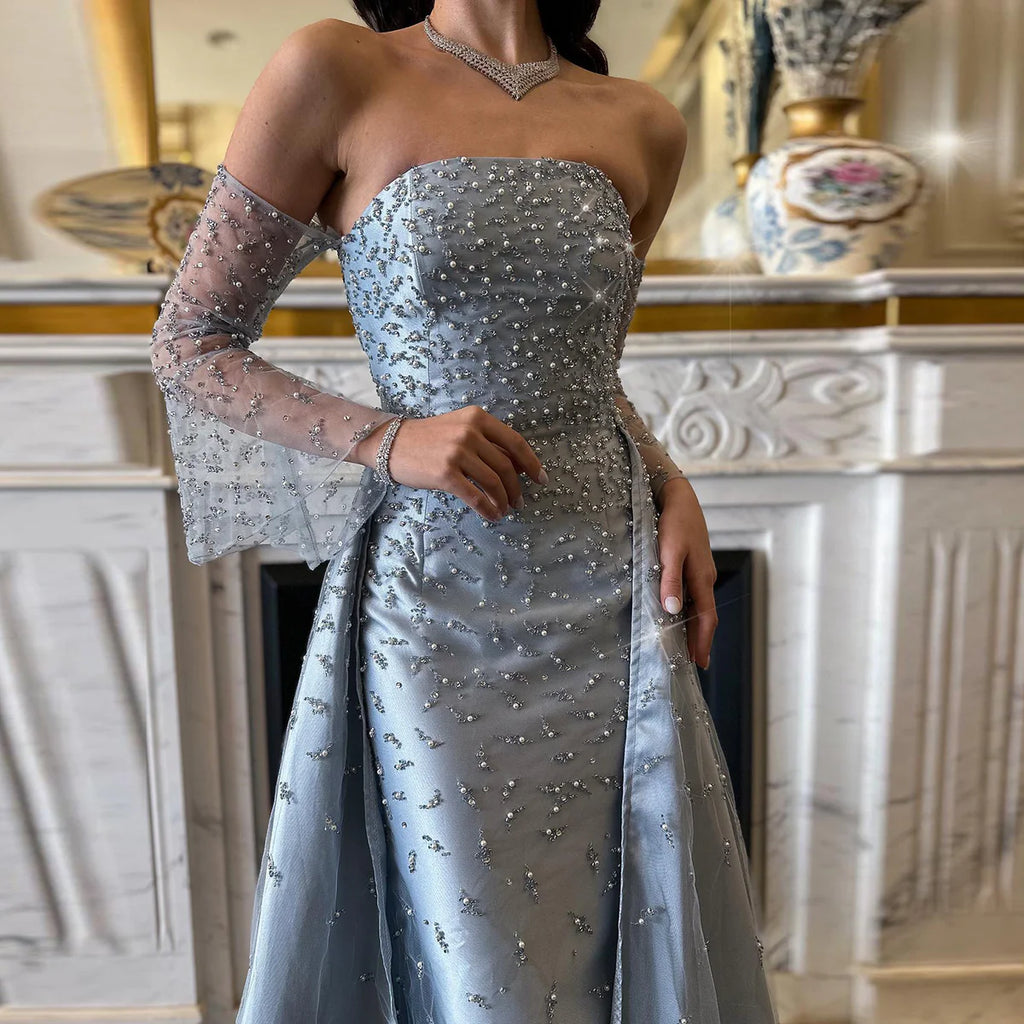 Robe de Soirée Bleue à Manches Longues Transparentes et Perles Scintillantes