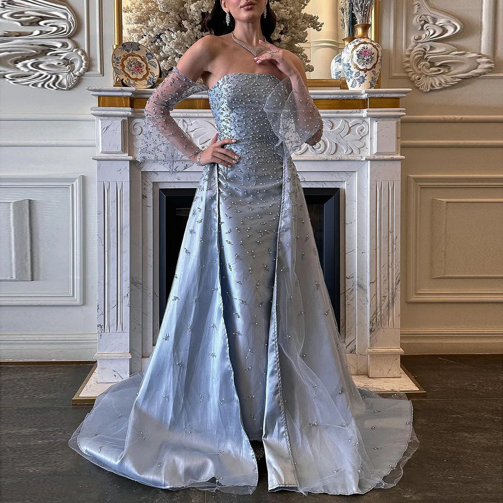 Robe de Soirée Bleue à Manches Longues Transparentes et Perles Scintillantes