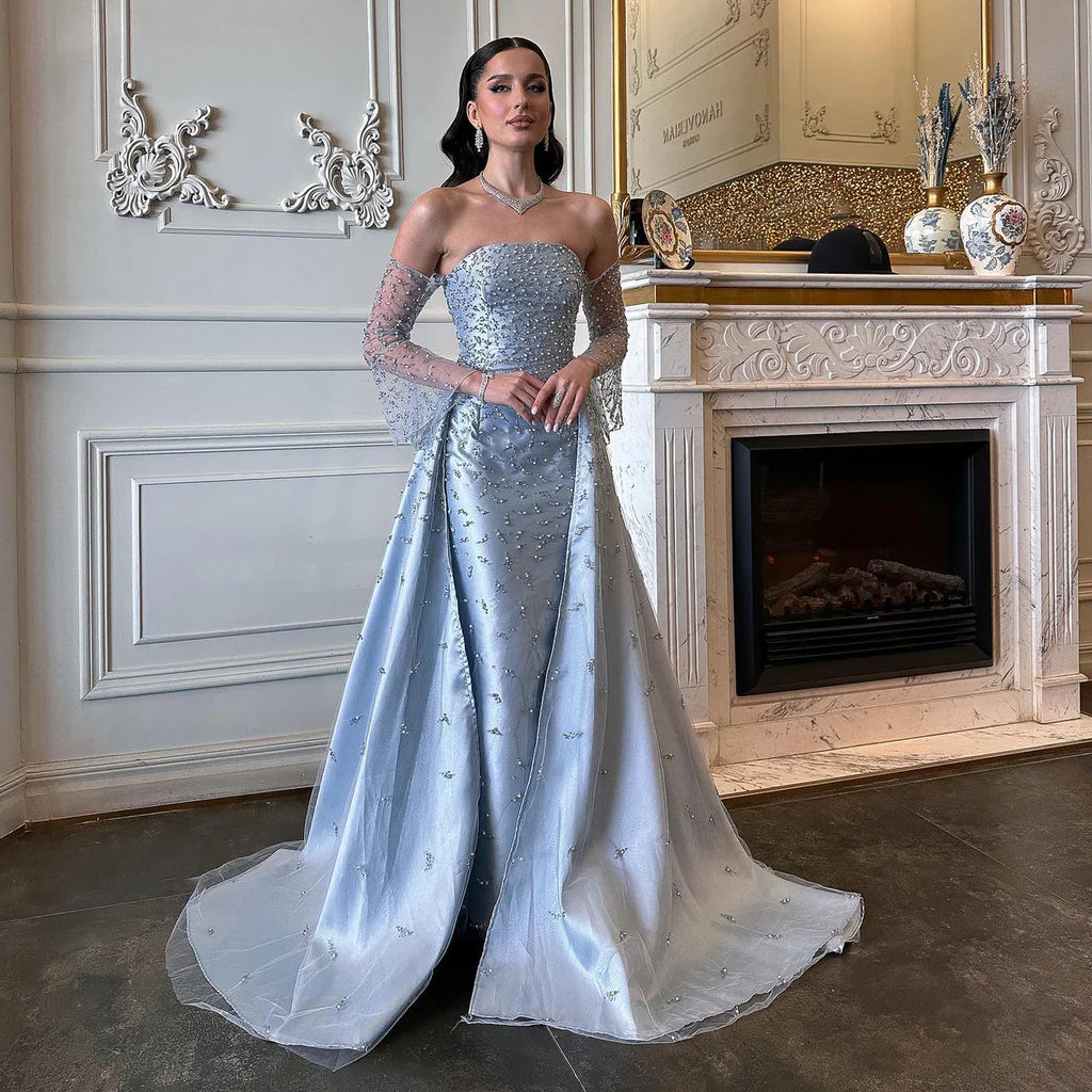 Robe de Soirée Bleue à Manches Longues Transparentes et Perles Scintillantes