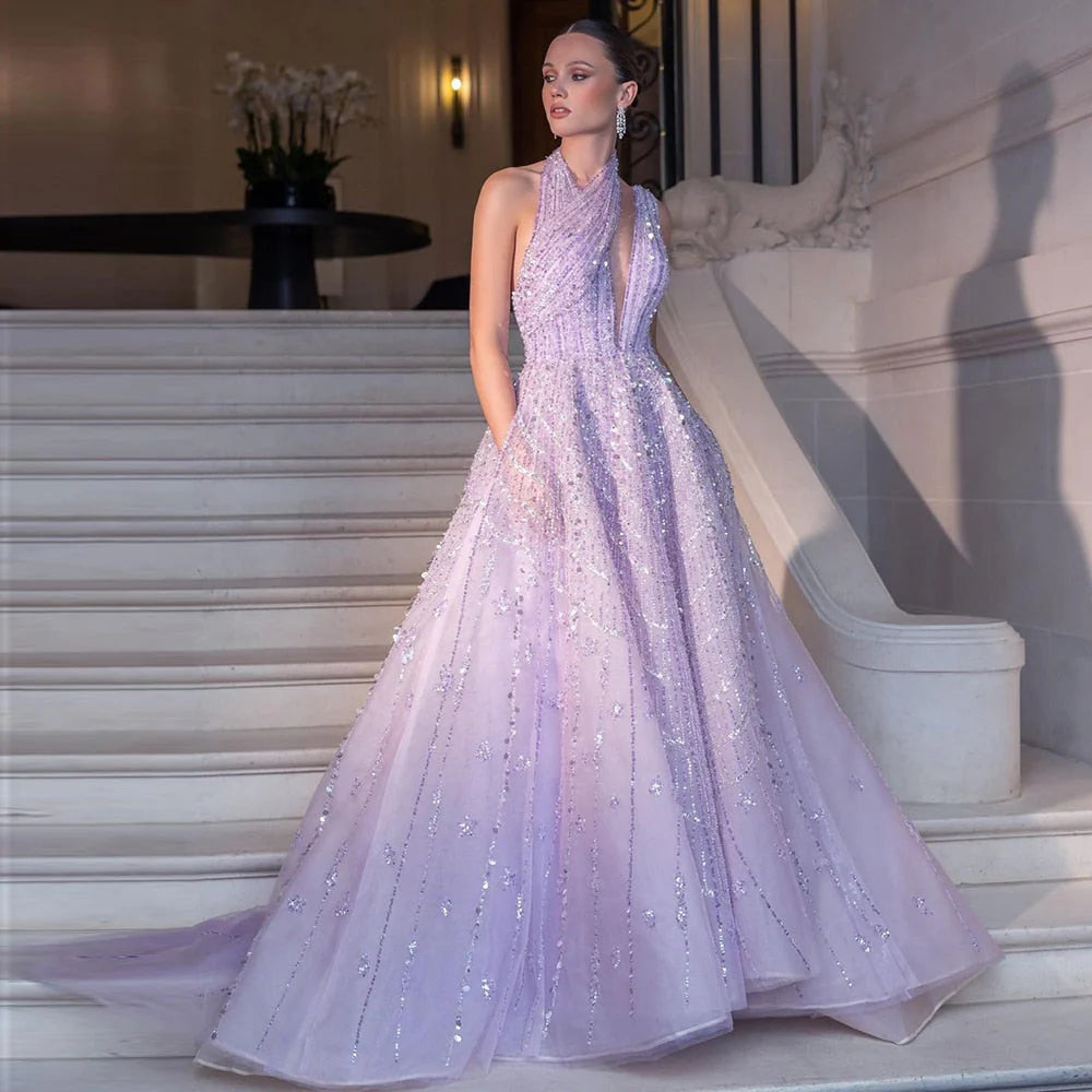 Robe de Soirée Longue Lilas Pailletée avec Traîne