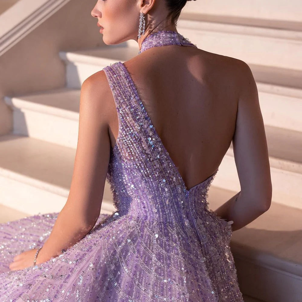 Robe de Soirée Longue Lilas Pailletée avec Traîne