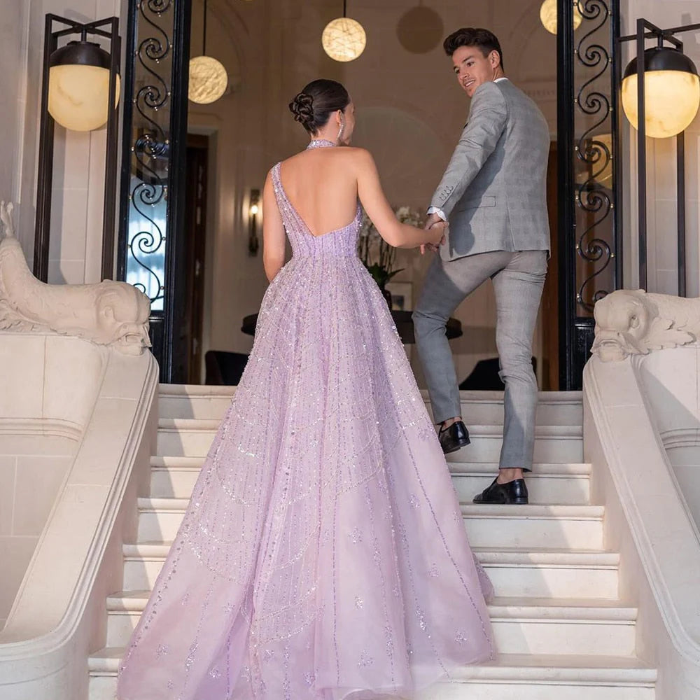 Robe de Soirée Longue Lilas Pailletée avec Traîne