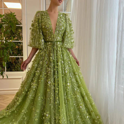 Robe Longue en Tulle Vert à Fleurs