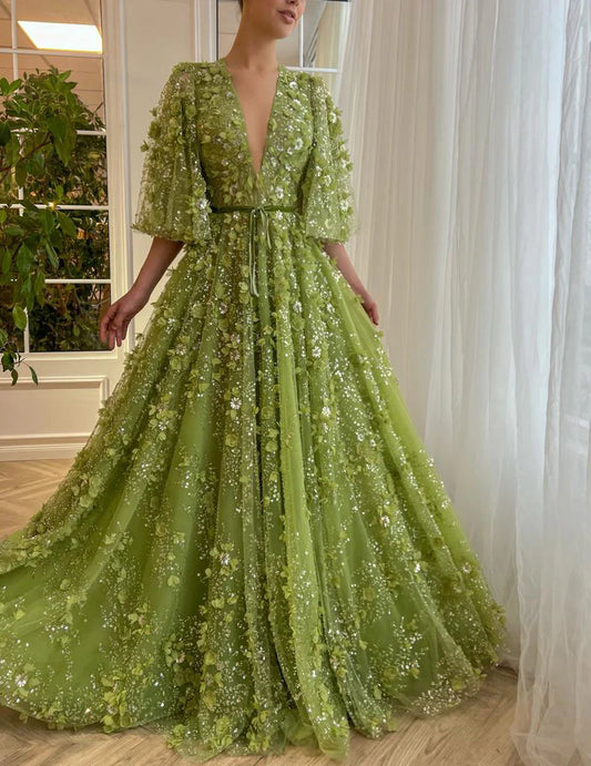 Robe Longue en Tulle Vert à Fleurs