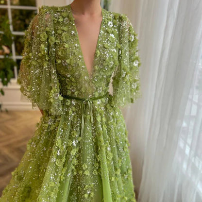 Robe Longue en Tulle Vert à Fleurs