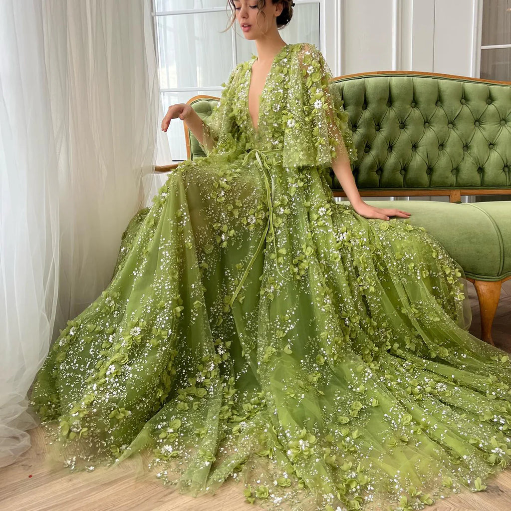 Robe Longue en Tulle Vert à Fleurs