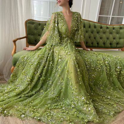 Robe Longue en Tulle Vert à Fleurs
