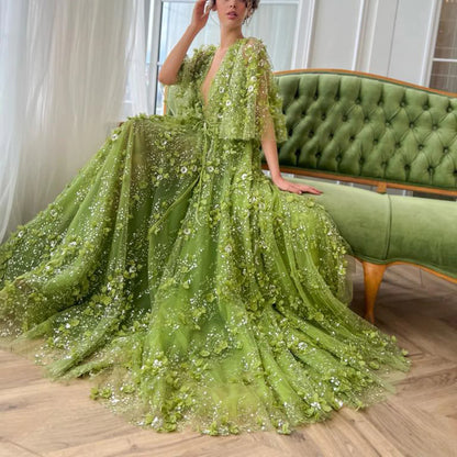 Robe Longue en Tulle Vert à Fleurs