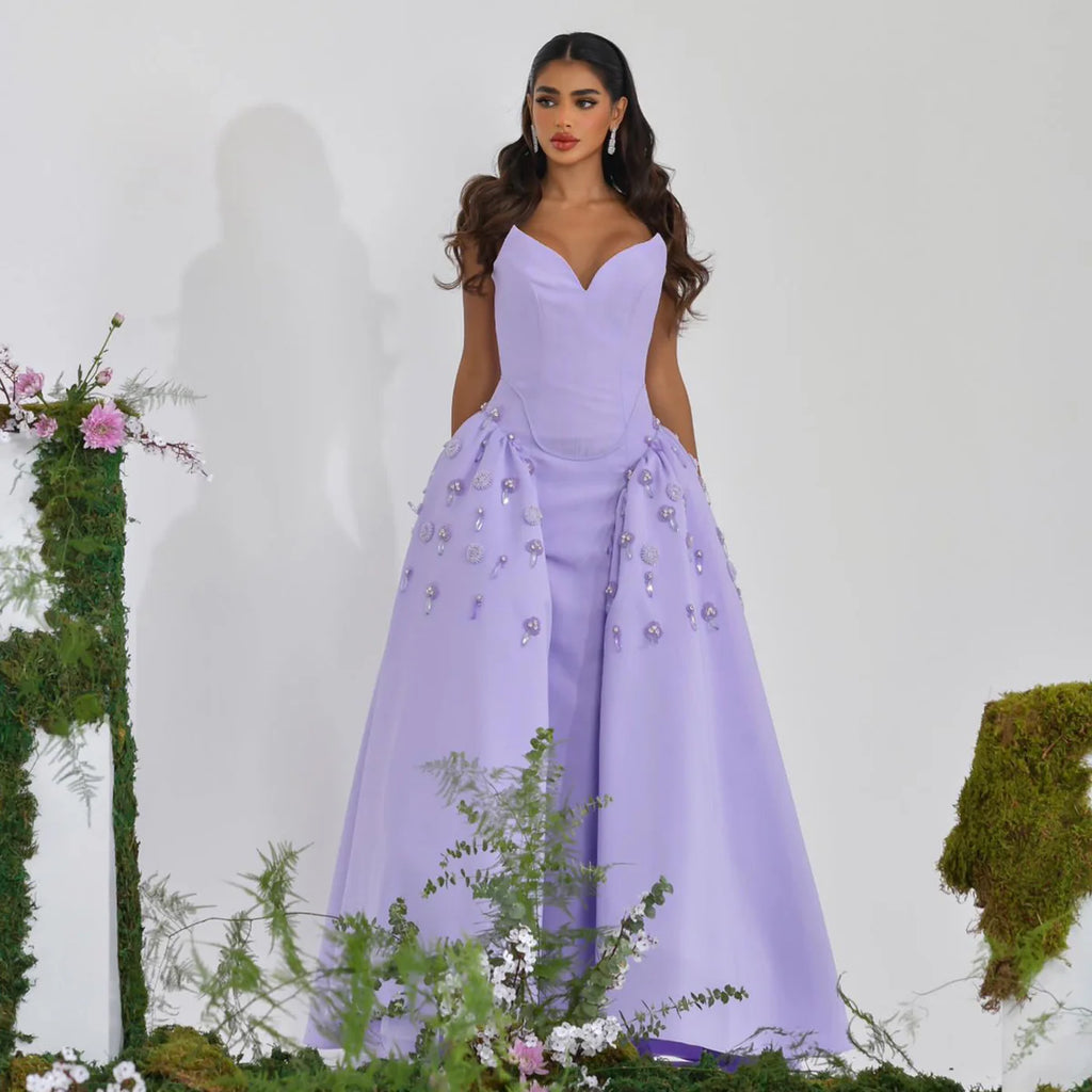 Robe Lavande avec Détails Floral en Perles