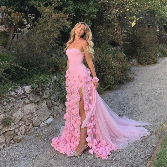 Robe Longue en Tulle avec Détails de Fleurs 3D